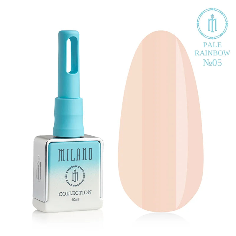 „Gel Polish Milano Pale Rainbow Collection No. 05: бяла бутилка от 10 мл със син градиент и демонстрация на много деликатен пастелен светлобежов (нюд) нюанс с равномерна емайлова текстура и лъскав блясък върху голяма палитра от капки.“