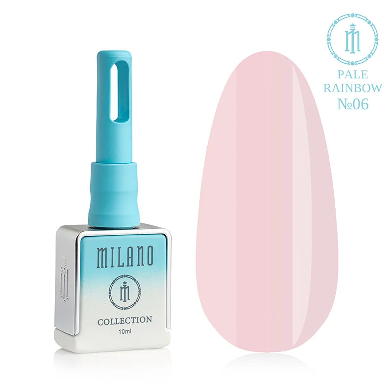„Gel Polish Milano Pale Rainbow Collection No. 06: бяла бутилка от 10 мл със син градиент и демонстрация на деликатен светлолавандулов пастелен нюанс с плътна емайлова текстура и огледален гланц върху голяма палитра от капки.“
