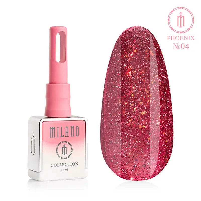 Гел лак Milano Phoenix Collection № 04: бяла бутилка от 10 мл с розов градиент и демонстрация на богат ягодовочервен нюанс с плътен сребрист блясък и ярки златисточервени люспи, които създават ефект на огнено сияние върху голяма палитра от капки.