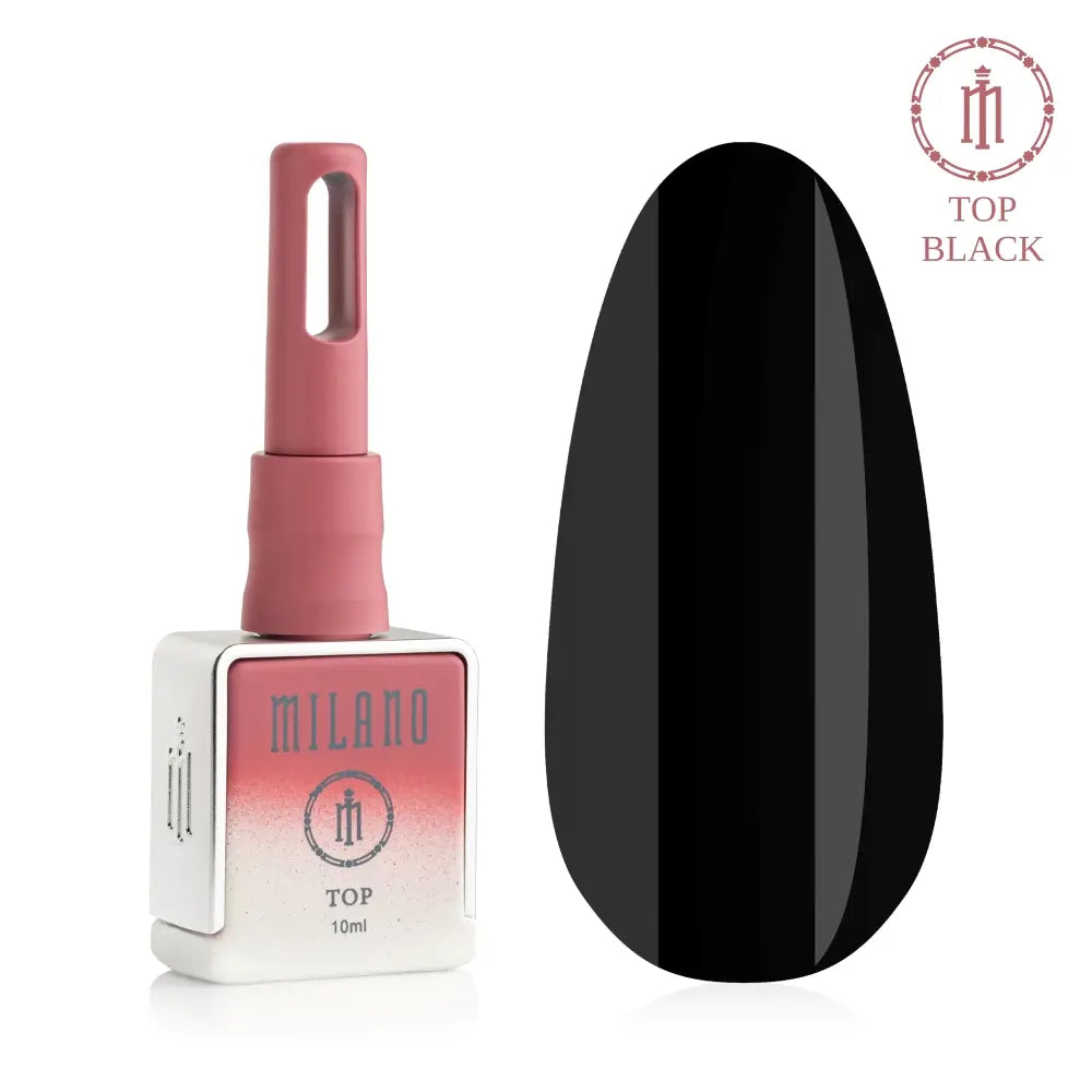 Рекламен банер за матиран топ за гел лак Milano Cosmetic Top Premium Velour: в центъра е брандирана черна матова бутилка от 15 мл със златна кръгла капачка, заобиколена от обемни тъмни текстурни елементи, наподобяващи мек велур или велур, на наситен черен фон.