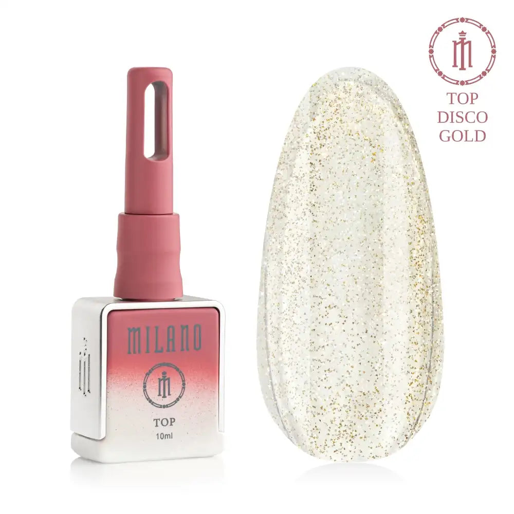 Рекламен банер за светлоотразителния гел лак Milano Cosmetic Top Premium Disco Gold: в центъра е брандираното черно матово шишенце от 10 мл със златна капачка, заобиколено от блестящи златни диско топки с различни размери и искрящи златни проблясъци и конфети на наситен тъмен фон.