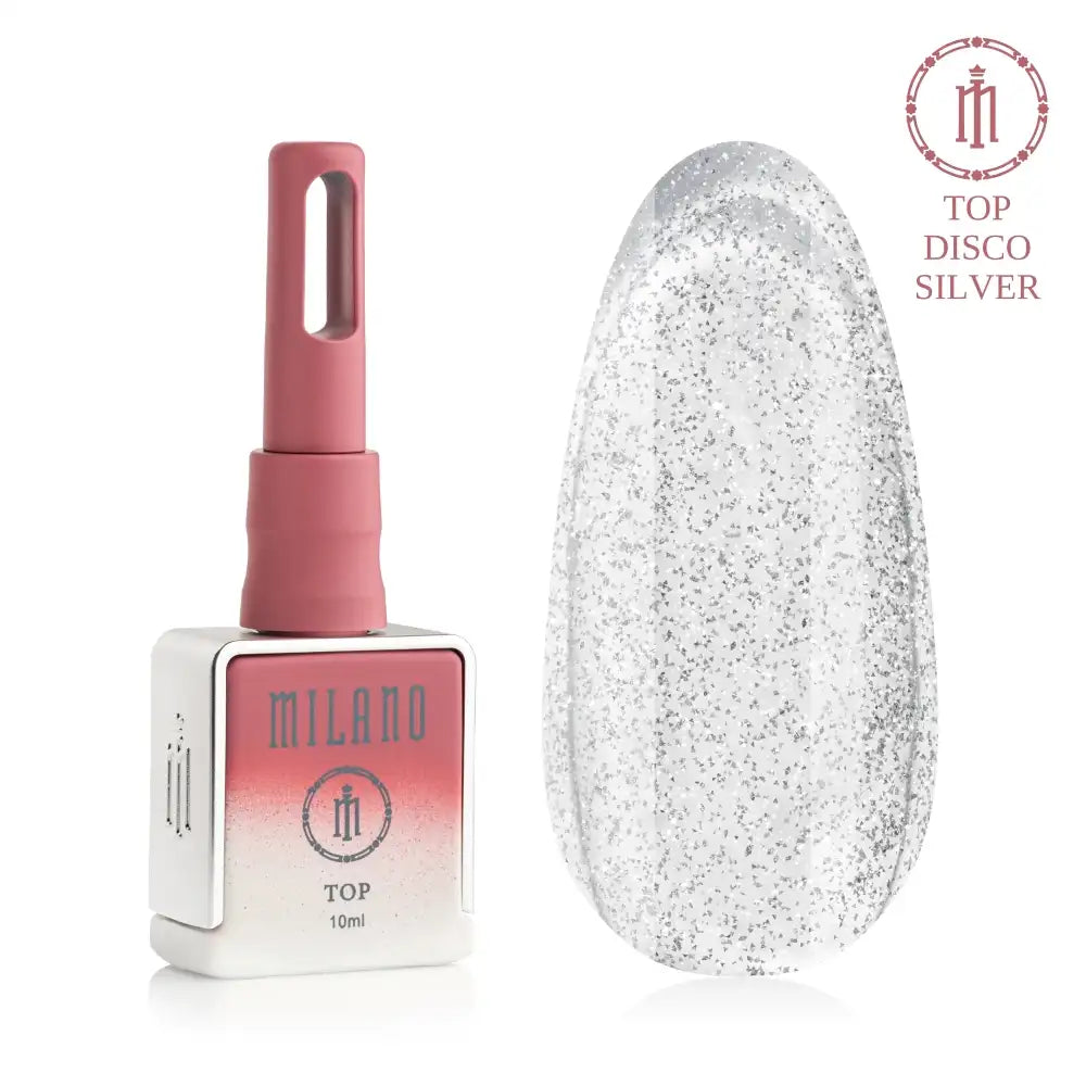 Рекламен банер за отразяващия гел лак Milano Cosmetic Top Premium Disco Silver: в центъра е брандираното черно матово шишенце от 10 мл със златна капачка, заобиколено от блестящи сребърни диско топки с различни размери и искрящи студени проблясъци от светлина и конфети на наситен тъмен фон.