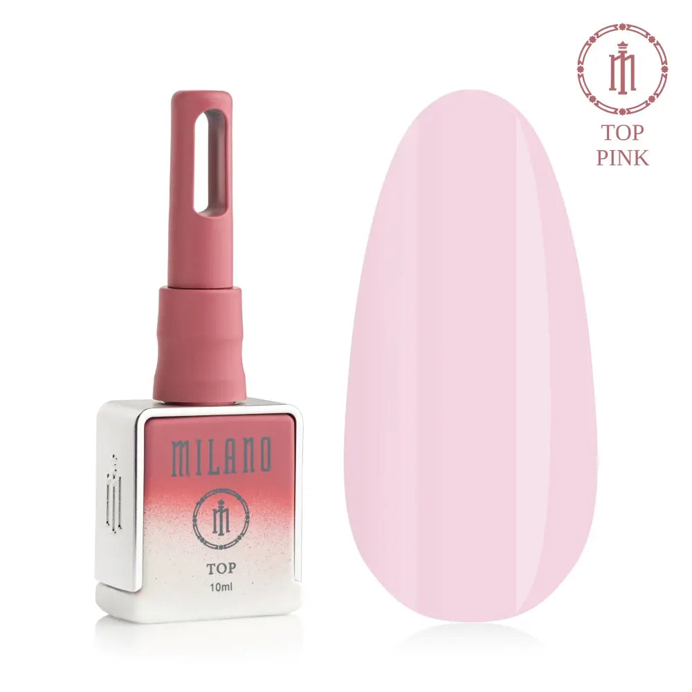 Рекламен банер за камуфлажния розов топ за гел лак Milano Cosmetic Top Premium Pink: в центъра е брандирано черно матово шишенце от 15 мл със златна кръгла капачка, заобиколено от нежни полупрозрачни розови капки и ефирни цветни листенца на пастелно розово-бежов фон с мек градиент.