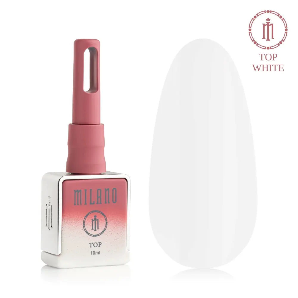 Рекламен банер за полупрозрачния бял топ за гел лак Milano Cosmetic Top Premium White: в центъра е брандирана черна матова бутилка от 15 мл със златни букви и капачка, заобиколена от обемни бели полупрозрачни венчелистчета и елегантни линии на деликатен светлосив градиентен фон.