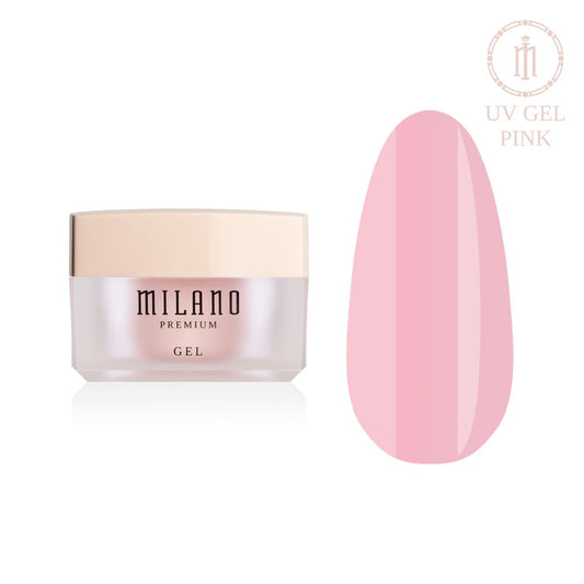 „Представяне на Milano UV Builder Gel Premium Modeling Gel в розово: отляво е характерният кръгъл бял буркан със сребърна марка, а отдясно е голям кръгъл макет на върха, който показва класическия пищен бледорозов камуфлажен нюанс за естествен и свеж маникюр с лъскав блясък, на чисто бял фон“