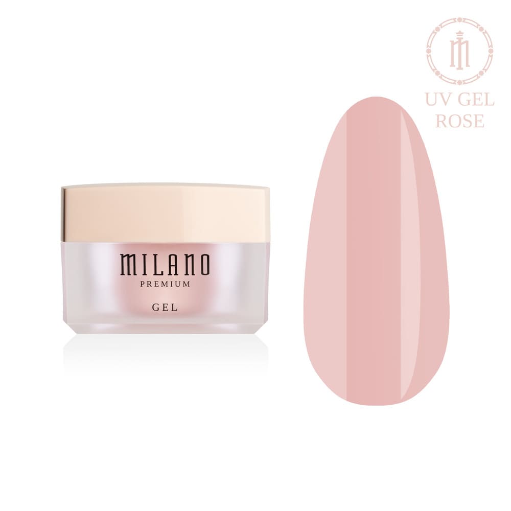„Представяме Ви Milano UV Builder Gel Premium в Rose: отляво е характерният кръгъл бял буркан със сребърна марка, а отдясно е голям кръгъл макет на връх, който демонстрира фин прахообразен розов или деликатен пастелно розов нюанс с безупречно гладко лъскаво покритие, на чист бял фон“