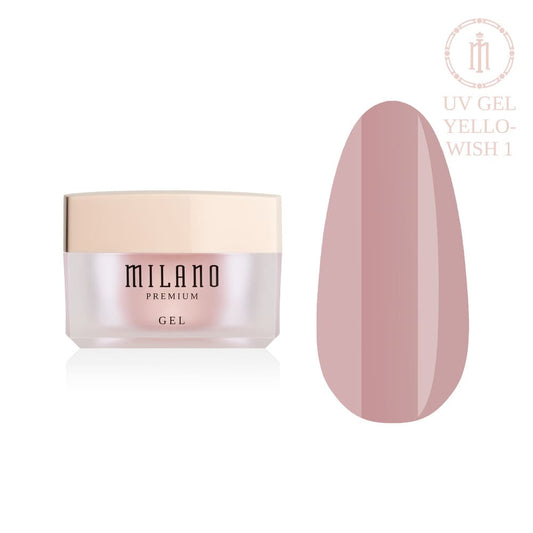 „Демонстрация на Milano UV Builder Gel Premium Modeling Gel в жълтеникаво 1: отляво е характерният кръгъл бял буркан със сребърна марка, а отдясно е голям кръгъл макет на върха, показващ деликатен лимонов крем или мек светъл пясъчен нюанс с огледално гланцово покритие, на чисто бял фон“